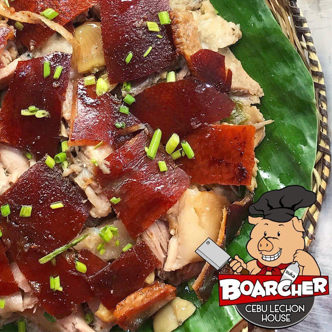 Chopped Cebu lechon served on a banana leaf