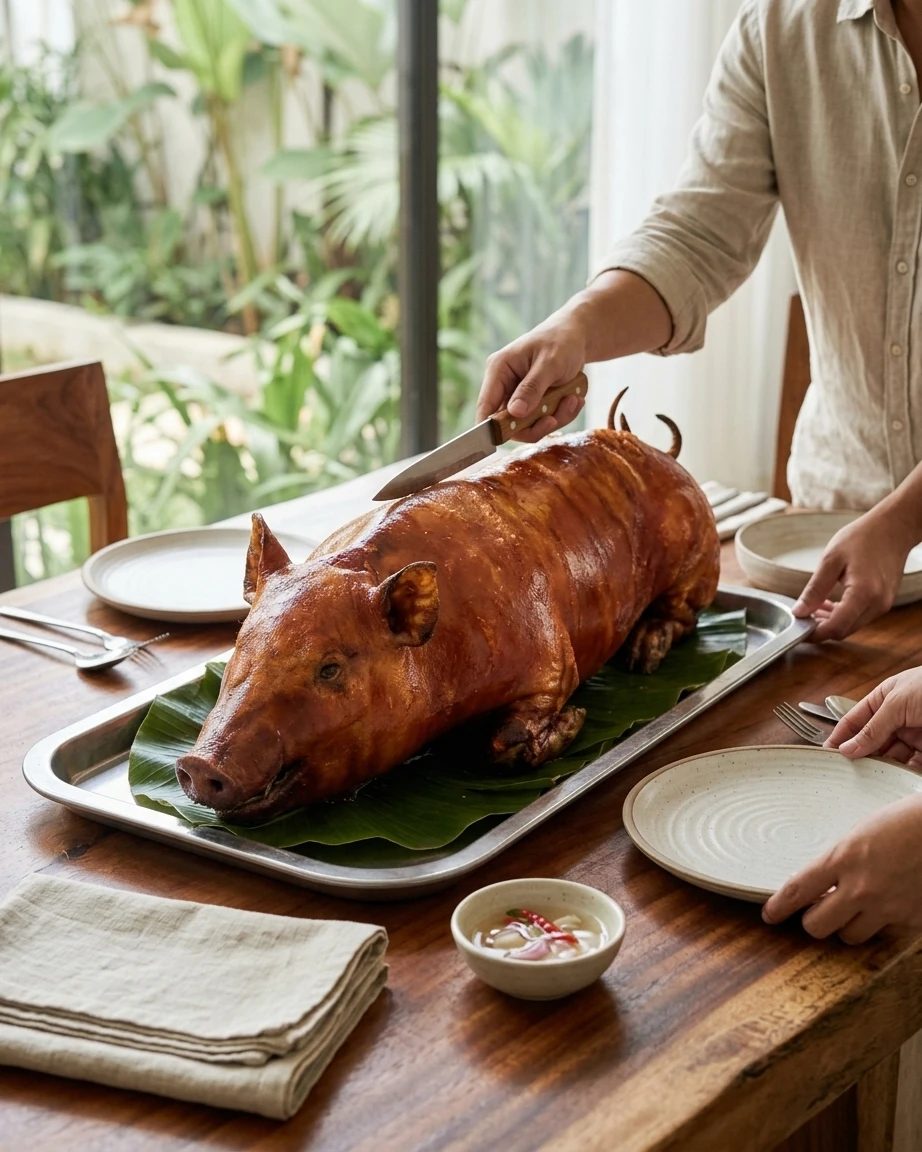 A whole Cebu lechon being carved at a family dining table on banana leaves