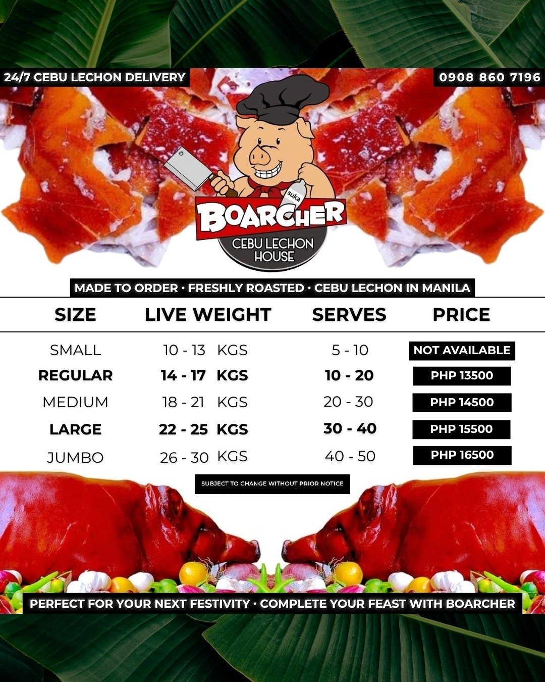 Boarcher Cebu lechon price list: size, live weight, servings and price for Regular, Medium, Large and Jumbo, with Small shown as not available