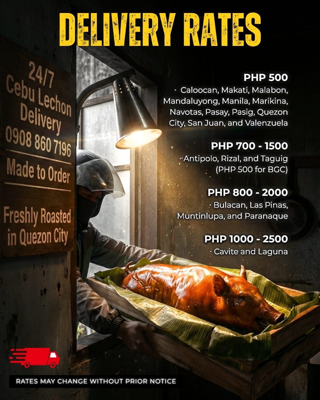 Boarcher Cebu lechon delivery rates by area across Greater Metro Manila