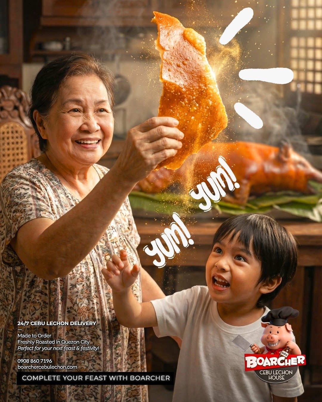 A grandmother and her grandson sharing a piece of crisp lechon crackling