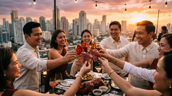 Adults celebrating with lechon skin