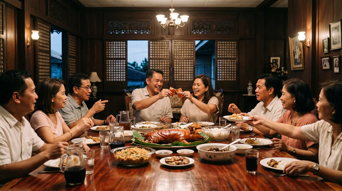 Adults clinking lechon pieces