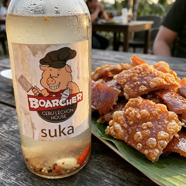Boarcher bottle near lechon skin