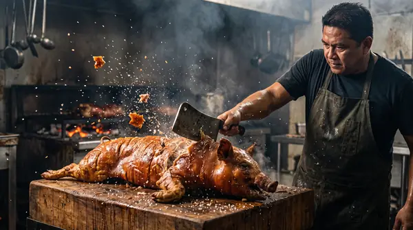 Chef slamming cleaver on block