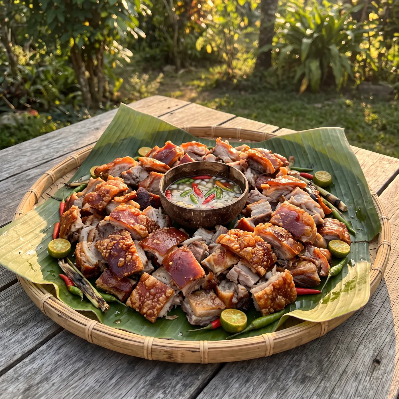 Chopped Cebu lechon served on a bamboo bilao