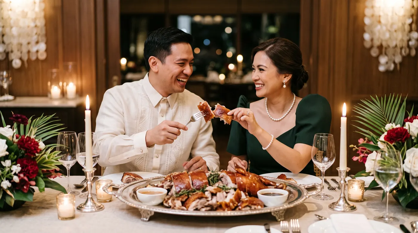 Couple clinking lechon meat