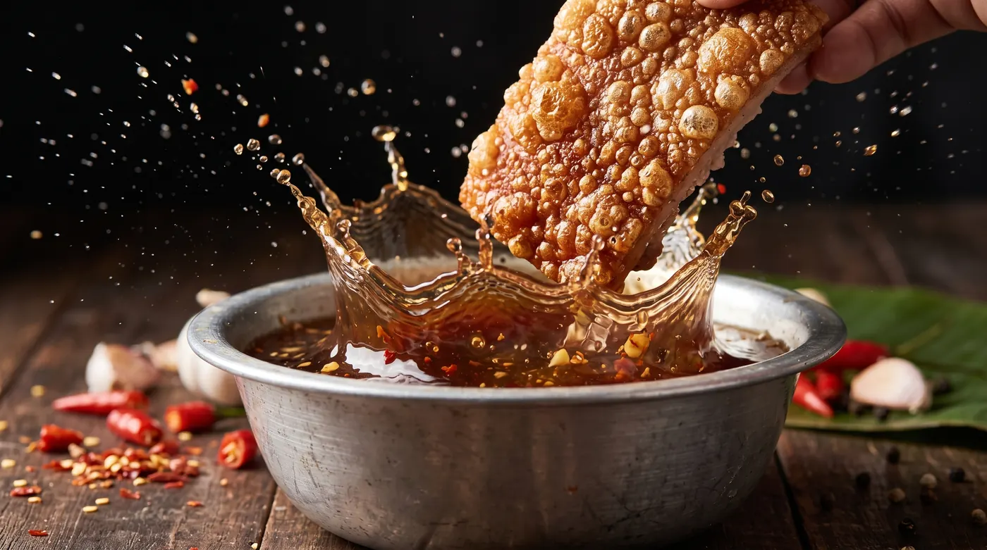 Crispy lechon dipped in vinegar