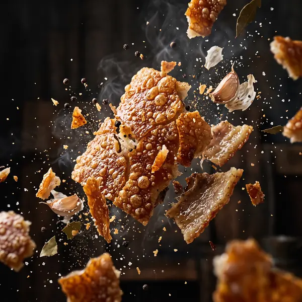Crispy lechon skin shattering midair