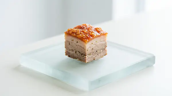 Cube of lechon skin resting