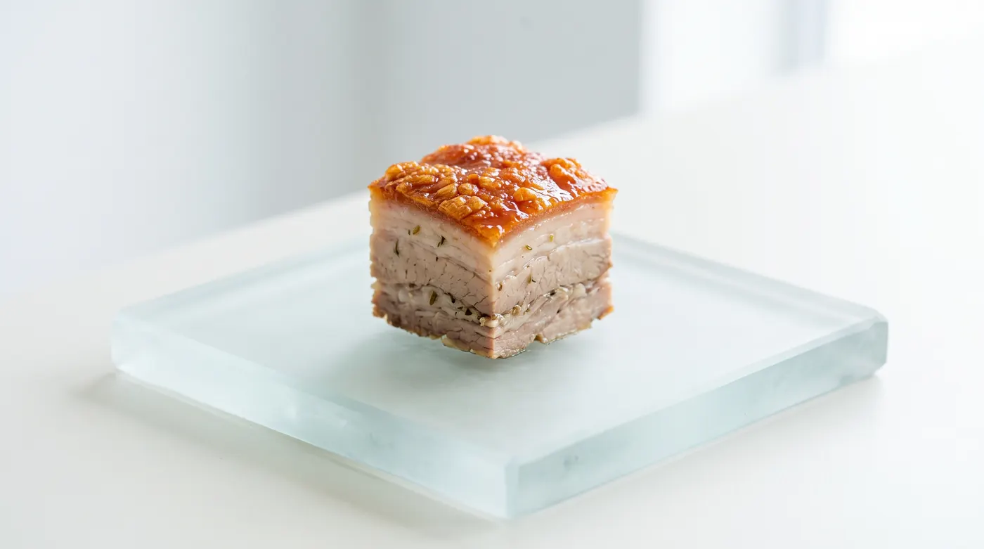 Cube of lechon skin resting