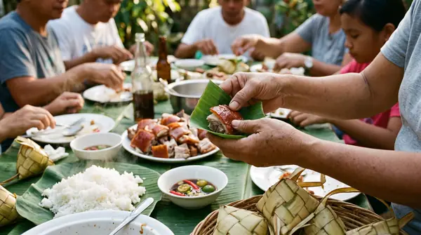 Hands wrapping lechon in leaf