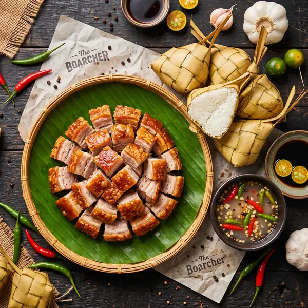 Lechon and rice flat lay