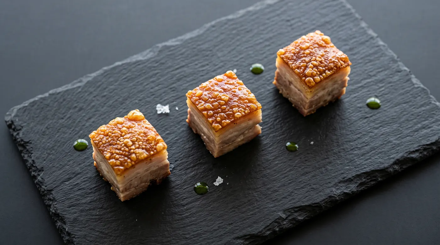 Lechon cubes on black slate