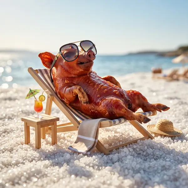 Lechon relaxing on salt beach