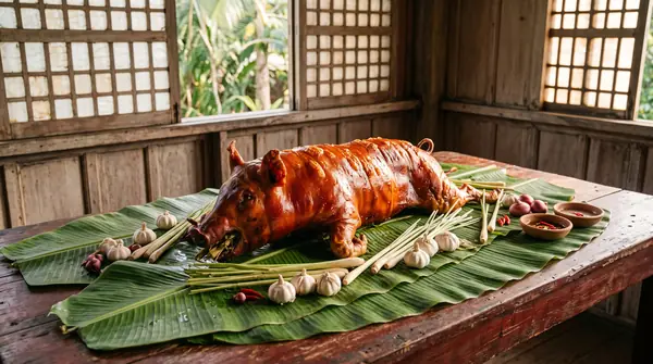 Lechon resting on banana leaves