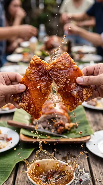 Lechon skin clinking with vinegar