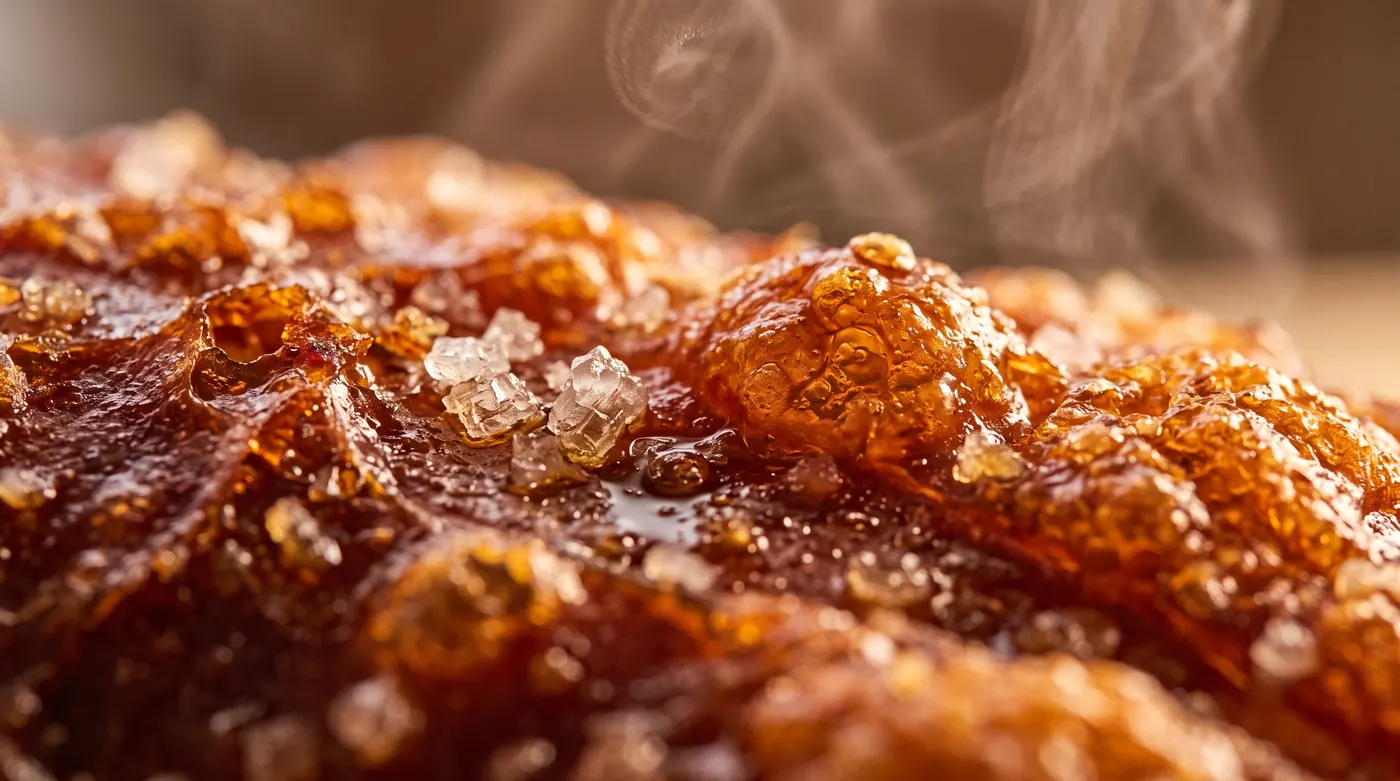 Close-up of the crisp, blistered skin of a Boarcher Cebu lechon
