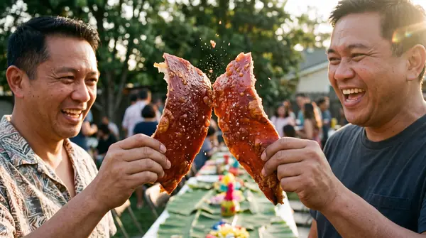Men clinking lechon skin