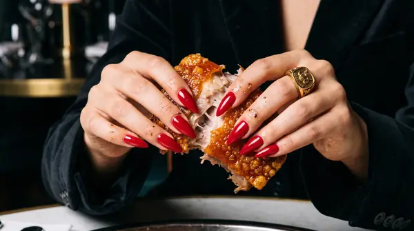 Model holding lechon with ring