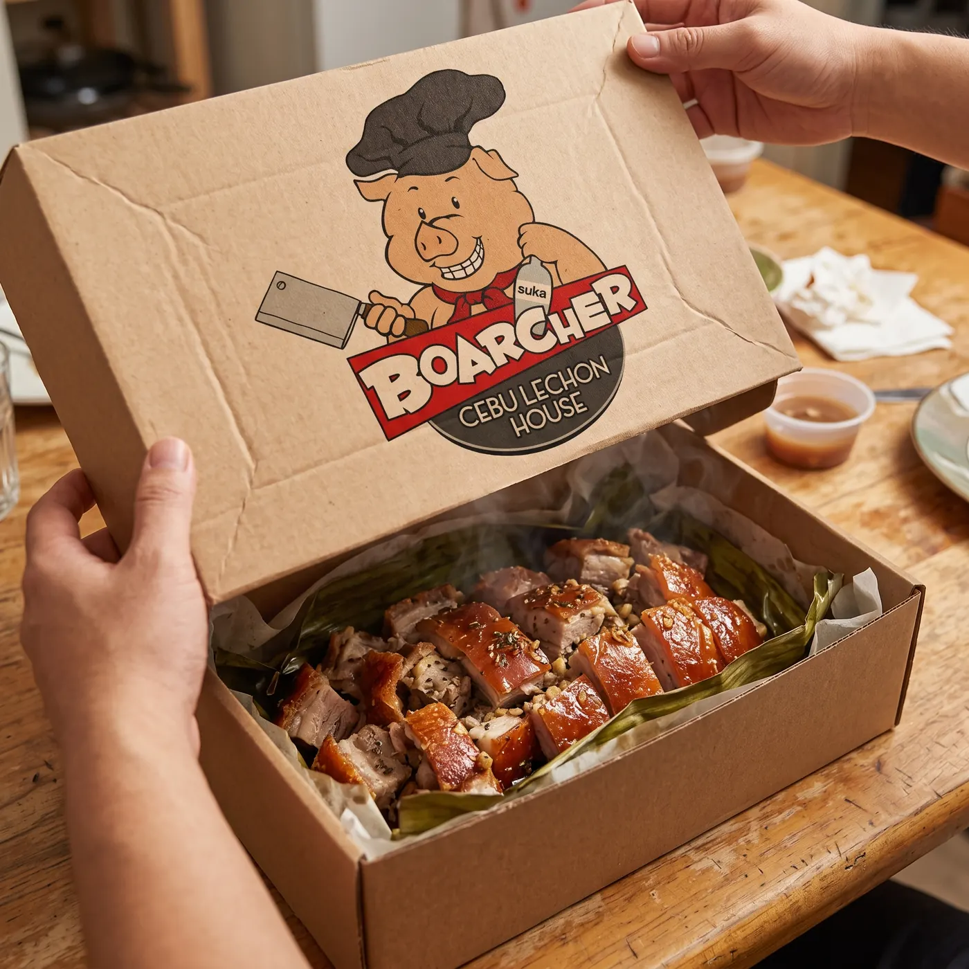 Opening a Boarcher delivery box to a whole Cebu lechon on banana leaves