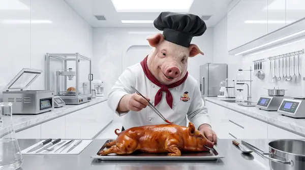 Pig chef garnishing lechon