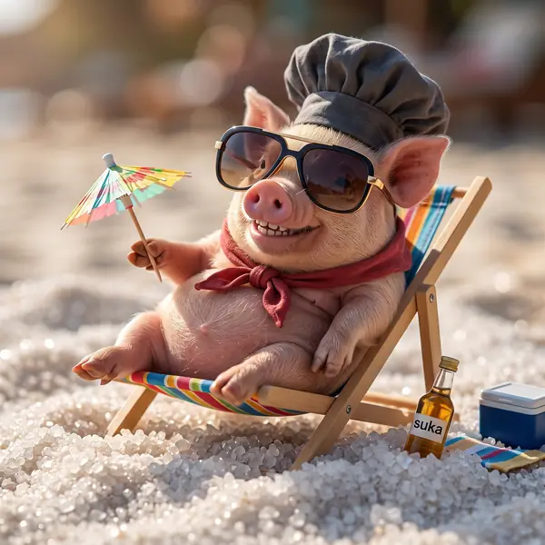 Pig chef relaxing on beach