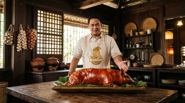Roaster presenting lechon on tray
