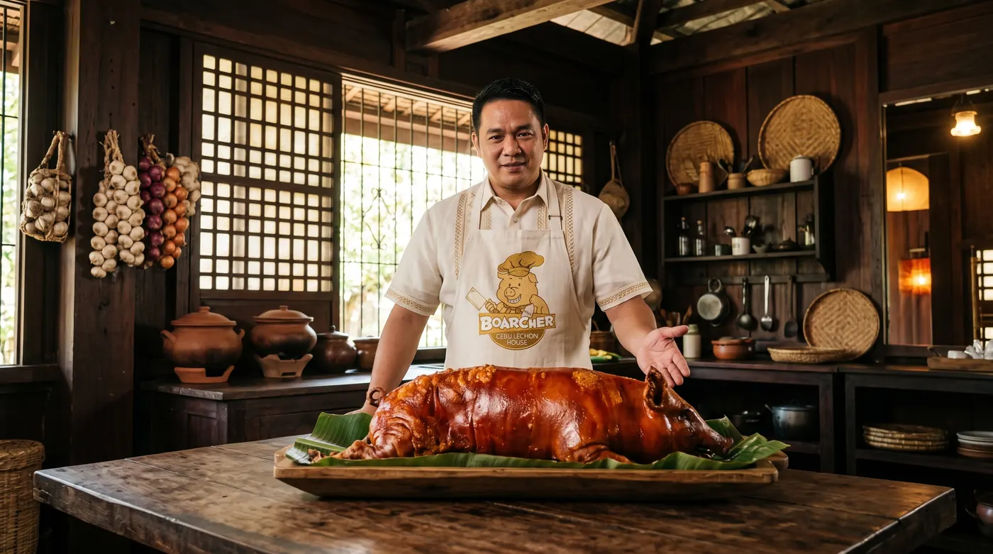 Roaster presenting lechon on tray