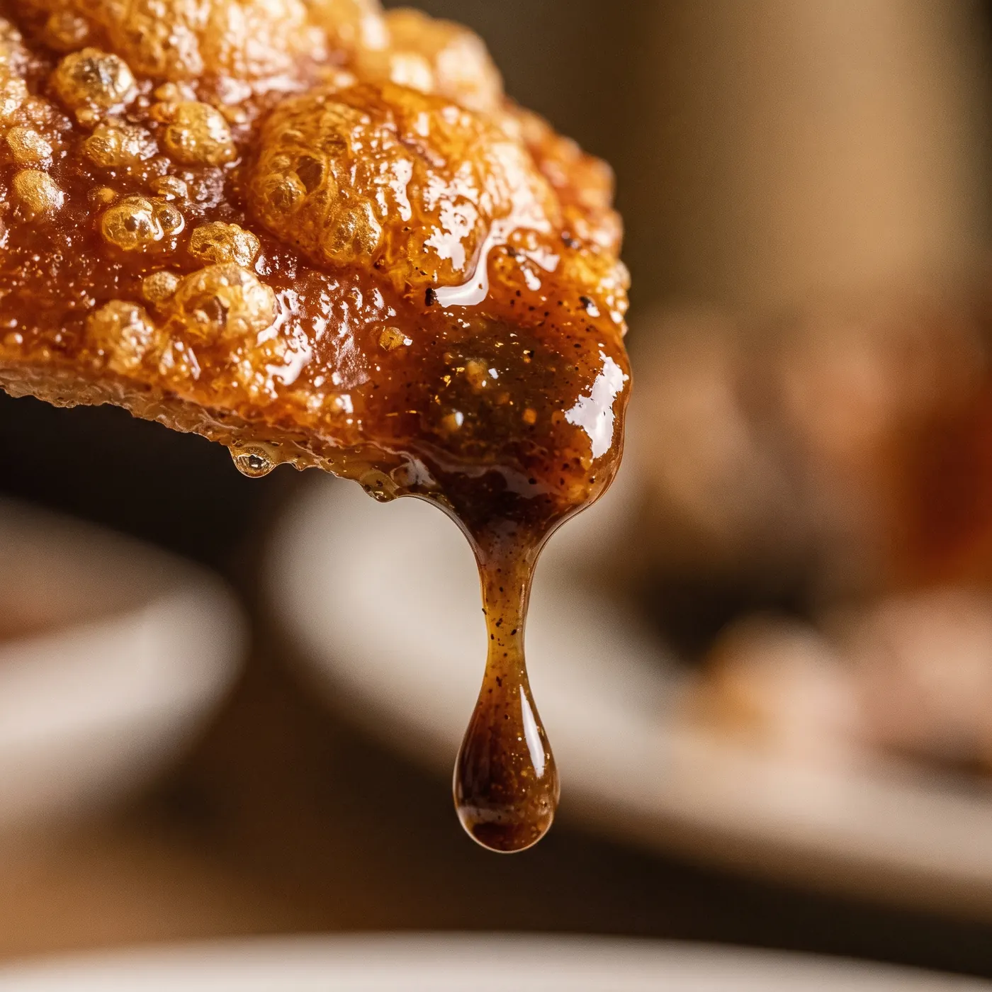 Sauce dripping from a piece of crisp Cebu lechon crackling