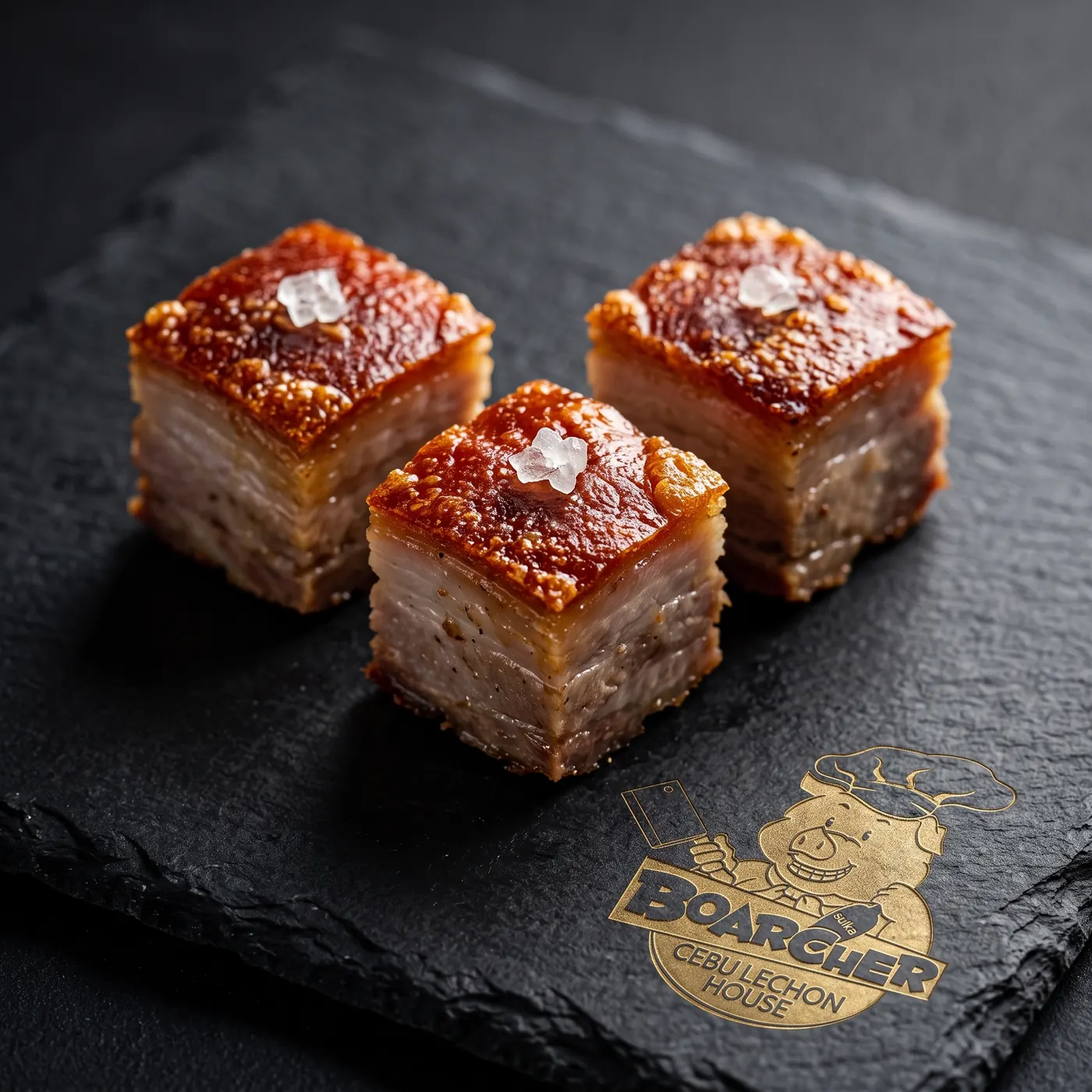 Three meat cubes on slate