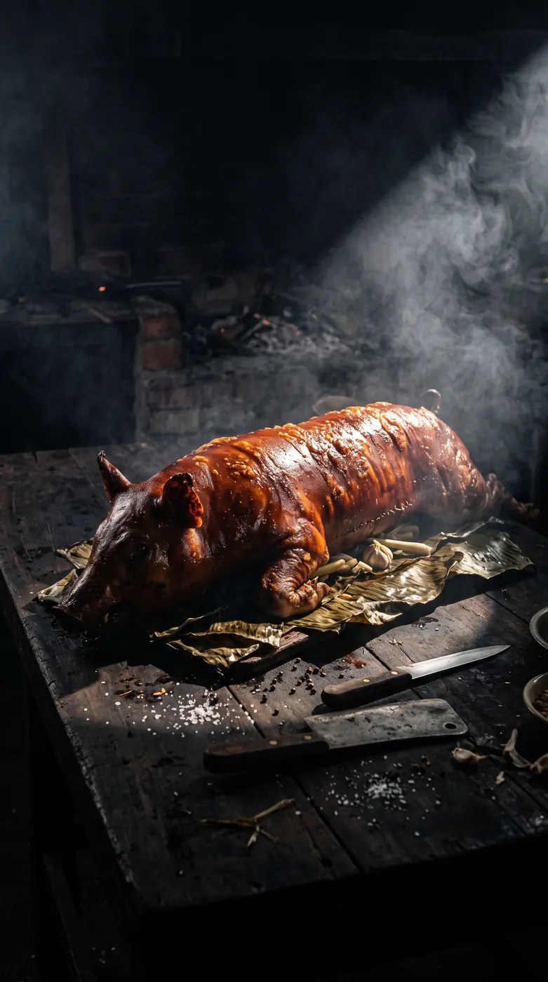 A whole Cebu lechon, roasted to order in Quezon City