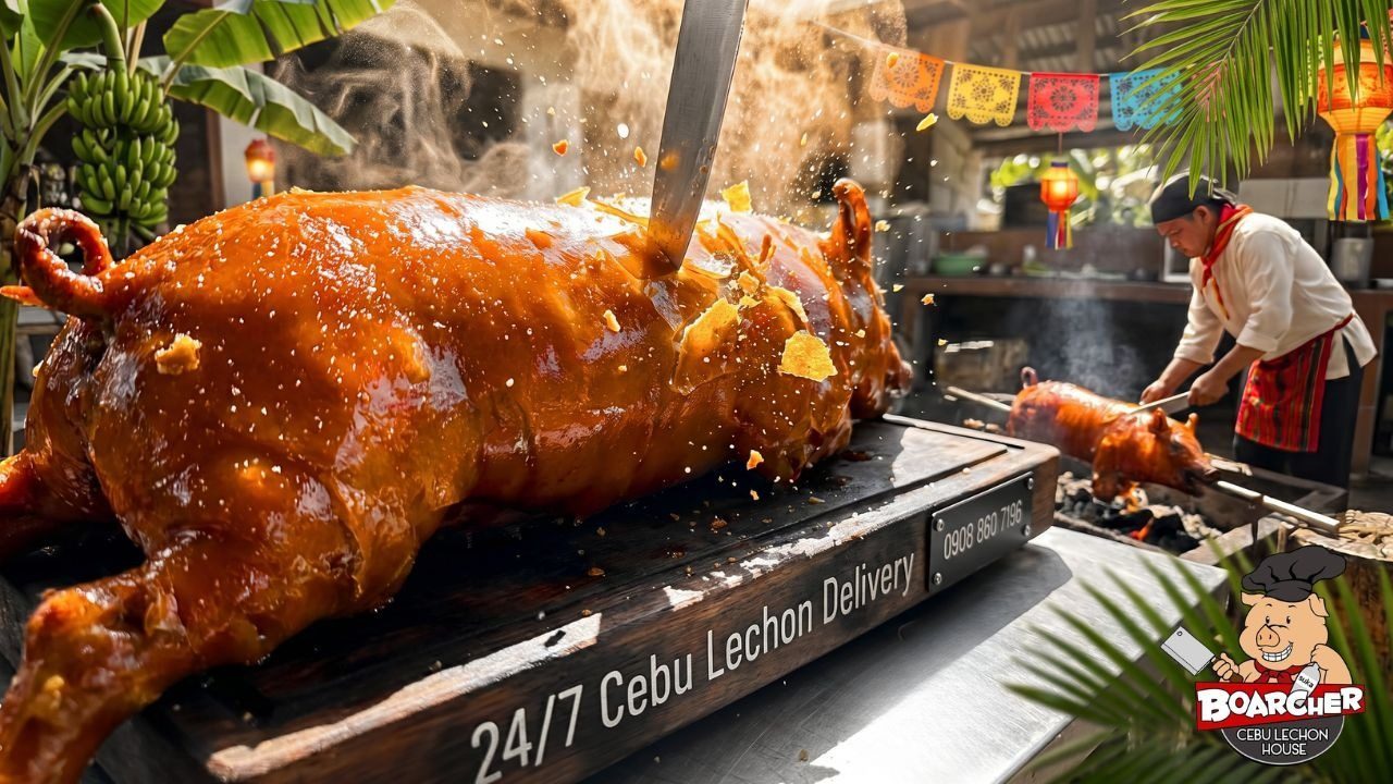 Whole Cebu lechon on the Boarcher roasting stall in Quezon City