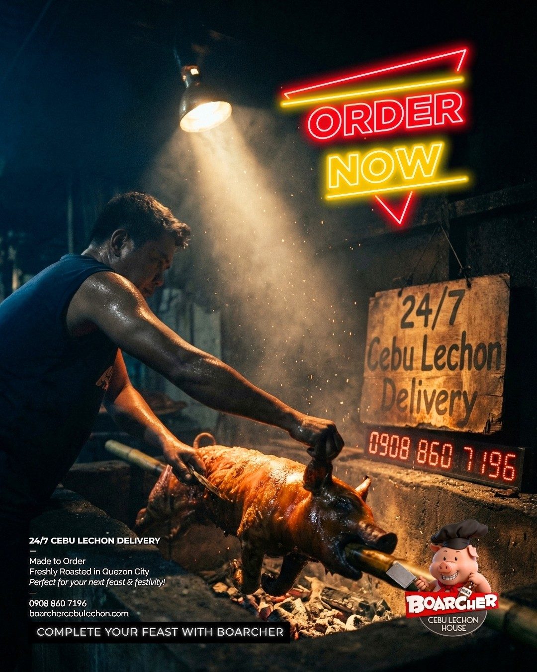 A Cebu lechon turning over coals at the Boarcher roasting pit in Quezon City