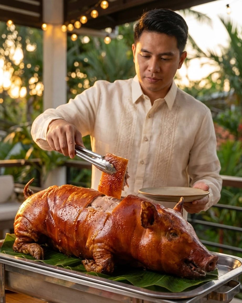 A host in a barong lifting a piece of crisp Cebu lechon skin onto a plate