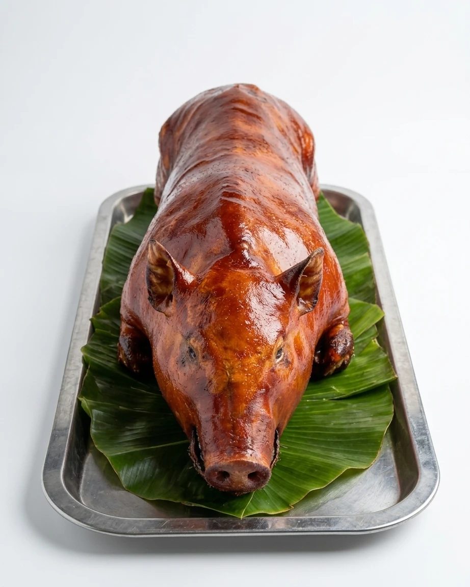 A whole Cebu lechon on banana leaves on a steel tray, shown against a plain background